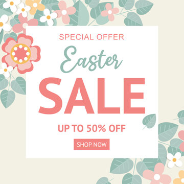 Easter spring sale floral square template. Cute simple frame with flowers in pastel colors. Vector background for social media post, greeting card, invitation, banner and web ad design, poster