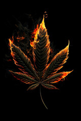 Marijuana leaf on fire. Black background. Generative AI. - 577626662
