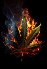 Marijuana leaf on fire. Black background. Generative AI. - 577626663