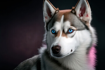 Female Siberian husky dog with beautiful fur and blue eyes. Generative AI
