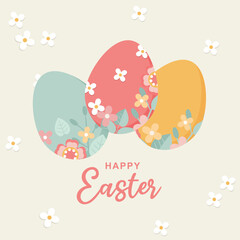 Happy Easter greeting card, banner, poster, label, holiday cover, social media post. Vector square background with flowers and eggs in pastel colors