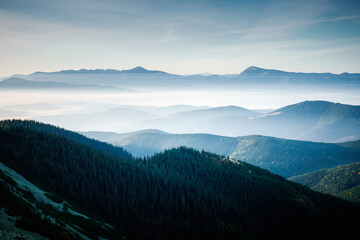 A splendid view of the alpine valley in morning light. Carpathian mountains, Ukraine.