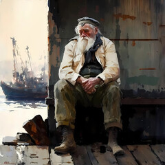 Old sailor sitting and thinking in a sea port, oil painting
