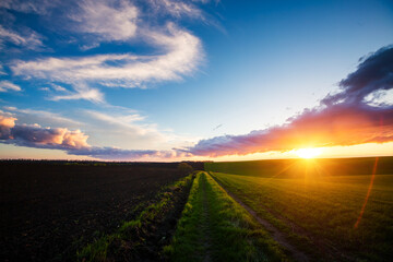 Fototapeta na wymiar Majestic sunset with cloudy sky in rural area and agricultural land.