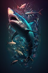 Cool, Epic, Artistic, Beautiful, and Unique Illustration of Shark Animal Cinematic Adventure: Abstract Background with Majestic Wildlife and Futuristic Design (generative AI)