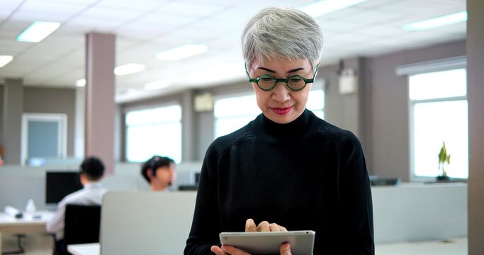 Senior Businesswoman With Eyeglasses, Asian Older Woman Corporation Ceo In Modern Office Looking At Camera. 60s Gray-haired Female Executive Leader
