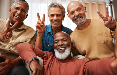 Peace, happy and portrait of men with a selfie, bonding and memory during retirement. Party, smile and elderly friends with a hand sign for happiness, quality time and photo at home together