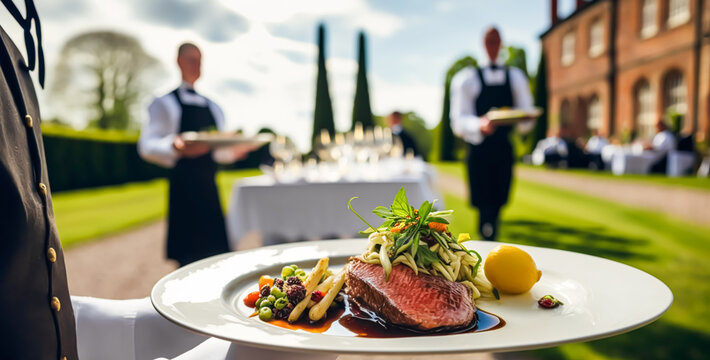 Luxury food service, main course served by a waiter at a wedding celebration or formal event in classic English style at luxurious hotel or country estate. Generative AI.