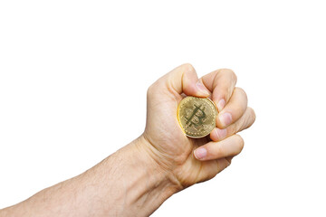 the hand tightly grips the Bitcoin cryptocurrency on a white background