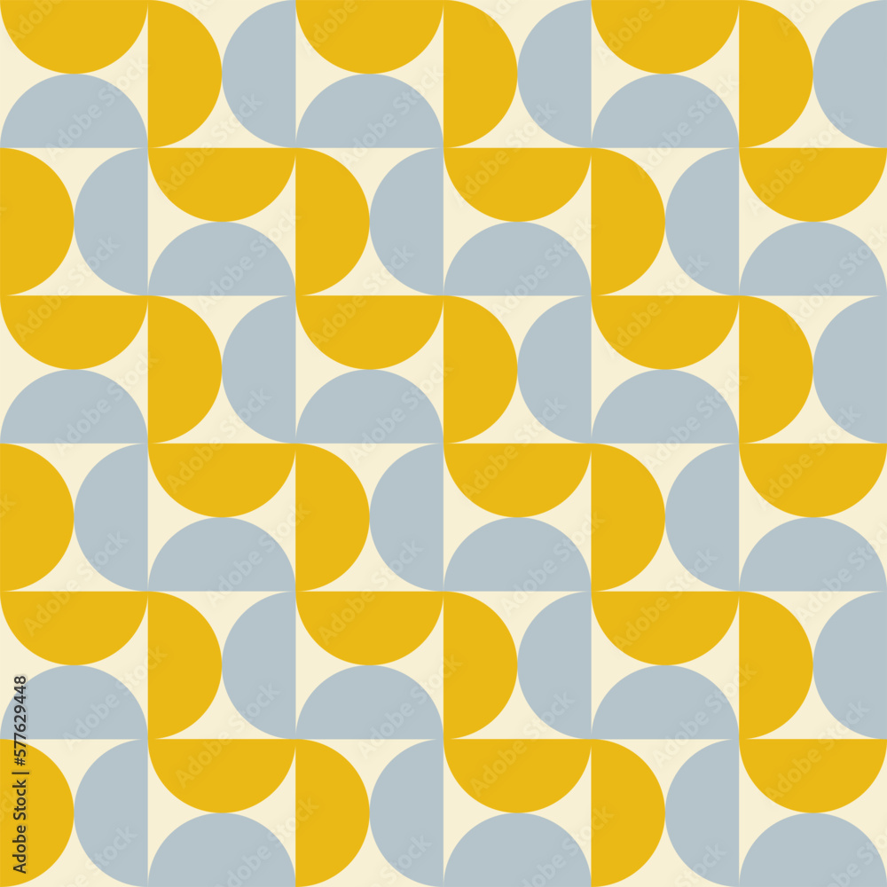 Poster trendy geometric seamless pattern with yellow and blue semicircles on a beige background. modern abs