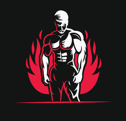 Posing bodybuilder, badge, emblem. Against a dark background.