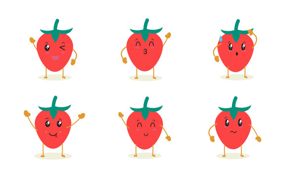 Set of cute Strawberry characters with different emotions, poses cartoon faces collection. vector illustration.
