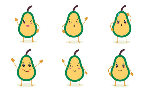 Set of cute avocado characters with different emotions, poses cartoon faces collection. vector illustration.