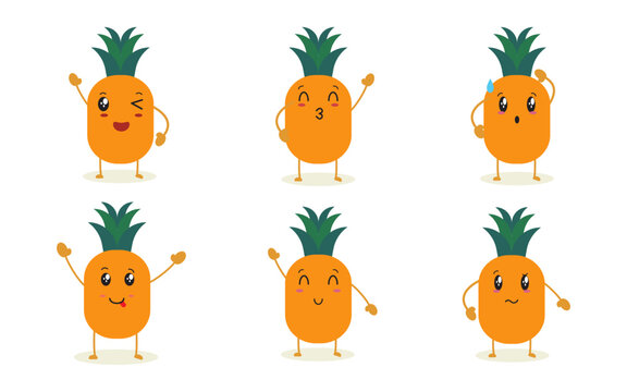 Set of cute pineapple characters with different emotions, poses cartoon faces collection. vector illustration.