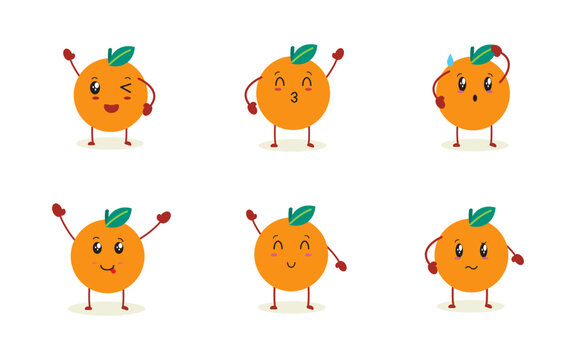 Set of cute orange characters with different emotions, poses cartoon faces collection. vector illustration.