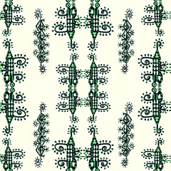 Seamless hand drawn geometric pattern in rhythmic ethnic Memphis style, linear background.