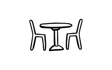 CHAIRS AND TABLE Doodle art illustration with black and white style.