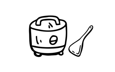 RICE COOKER Doodle art illustration with black and white style.