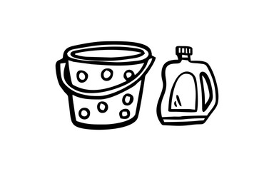 A BUCKET AND DETERGENT Doodle art illustration with black and white style.