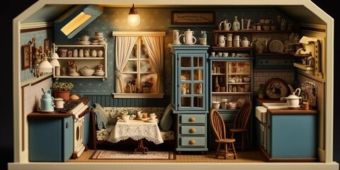 elaborate miniature dollhouse complete with tiny furniture appliances and decorations, concept of Crafts and Dollhouse Collecting, created with Generative AI technology