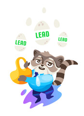 Vector sticker manager raccoon catches eggs with the inscription LEAD. Illustration in cartoon style.