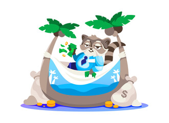 Vector sticker manager raccoon happy with business and profit is resting on a tropical island. Illustration in cartoon style.