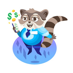 Vector sticker manager raccoon talking on the phone about profit and income. Illustration in cartoon style.