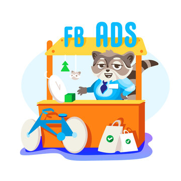 Vector sticker manager raccoon makes sales using Facebook ads. Illustration in cartoon style.