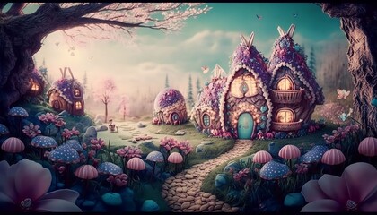 view of a delightful valley with cute fairytale easter cottages, Generative AI