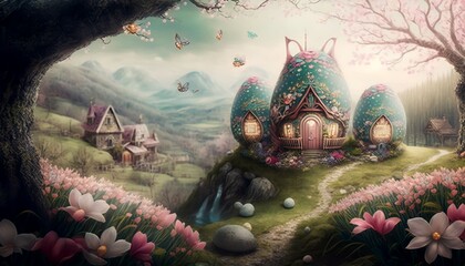 Fototapeta premium view of a delightful valley with cute fairytale easter cottages, Generative AI