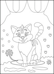 Cute cat outline coloring page for kids line drawing animal coloring book cartoon vector illustration isolated on white doodle background