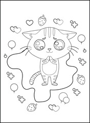 Cute cat outline coloring page for kids line drawing animal coloring book cartoon vector illustration isolated on white doodle background