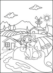 Naklejka premium Cute cat outline coloring page for kids line drawing animal coloring book cartoon vector illustration isolated on white doodle background