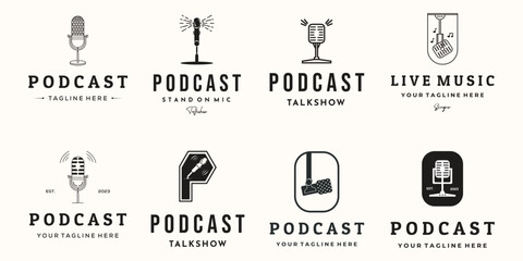 set of podcast mic logo line art vintage vector illustration concept template icon design, collection of live podcast microphone with technology and modern concept vector illustration logo design