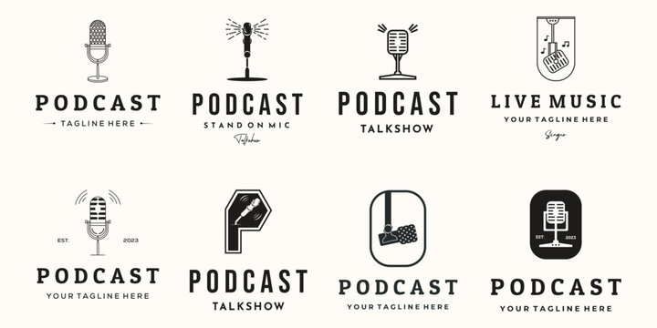 set of podcast mic logo line art vintage vector illustration concept template icon design, collection of live podcast microphone with technology and modern concept vector illustration logo design - Powered by Adobe