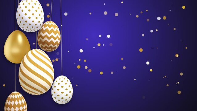 Golden Easter eggs on strings swaying in the wind. Festive blue background. looped spring 3D animation on Christian theme. Empty copy space for text.