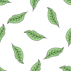 Cute green leaf seamless pattern. Vector illustration. Flat cartoon style.