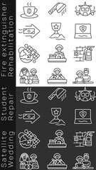 Icon Set Satellite, Student,  Fire extinguisher, Wedding, Repair, Rehabilitation, Coffee, Shower head, Plane, Remittance, Success, Cybersecurity 