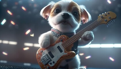 Cute little dog playing the guitar at a concert. Created with Generative AI.