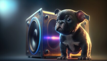cute little dog with a sound speakers. Created with generative AI.