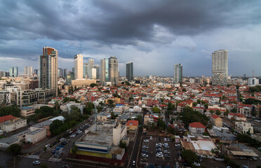 Fototapeta na wymiar Tel Aviv, Israel bright cloudy aerial panorama. Historic District Neve Tzedek