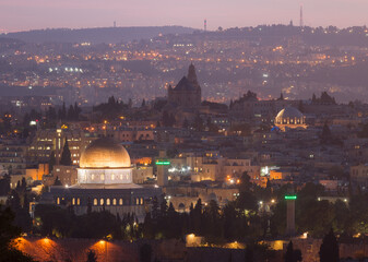Fototapeta na wymiar Jerusalem Old City night view: Dome of the Rock mosque, Abbey of the Dormition and Hurva Synagogue
