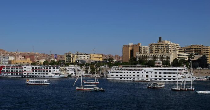 Cruise ships docked on the river Nile in Aswan, Egypt.