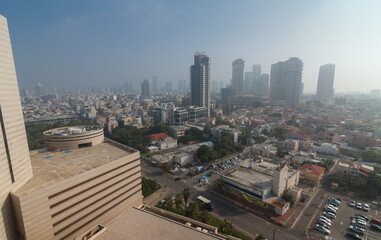 Naklejka na ściany i meble Tel Aviv in fog aerial panorama