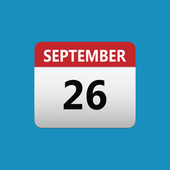 26th September calendar icon. September 26 calendar Date Month icon. Isolated on blue background