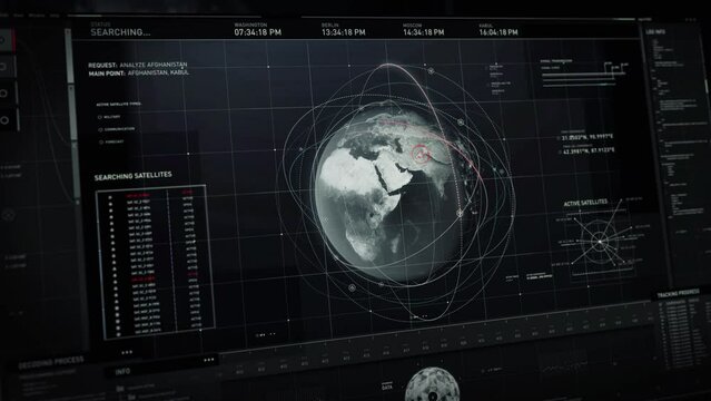 Army network is searching for the target on the map. Futuristic searching network has found the target satellite connections. Target searching network system analyzes the gathered data. Interface.