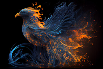 Fiery phoenix on black background. Generative ai
