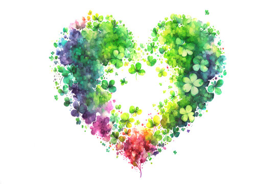 Abstract watercolor heart made of leaves and spring flowers. Digital painting over generative ai.