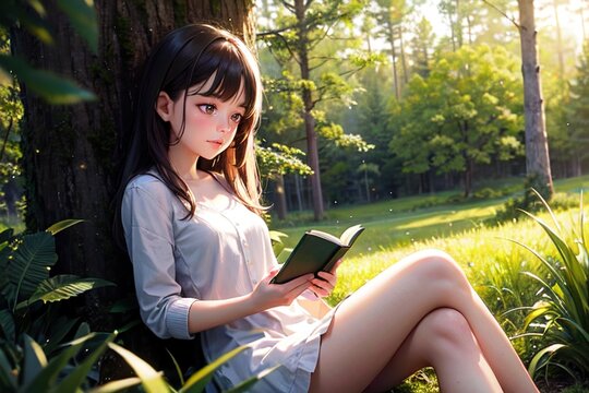 young girl sitting on grass reading a book in the forest. Generative AI