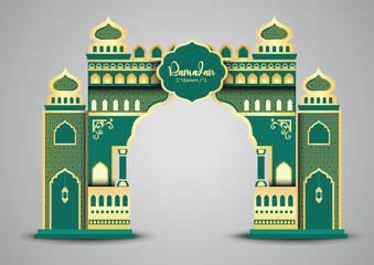 Ramadan background with golden event entrance arch, with golden arabic pattern, background for holy month of muslim community Ramadan Kareem.